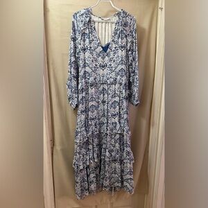 Belle & Bloom Blue & White Boho Tiered Maxi Dress L/XL